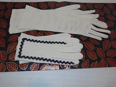 Vintage  Gloves Nylon White Mesh Stretch & White Cotton Navy Accent 2pcs Lot • $5.99