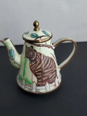 Miniature Enamel On Brass Cat Teapot Gray Tabby On Fence Trinket Box 3  Tall • $23.40