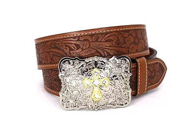 Western Leather Belt 2'' Tool Floral Brown Silver Chrome Cross Buckle Pants 30 • $39.99