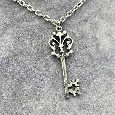 Vintage Skeleton Key Necklace Silver Tone Pewter Pendant Scroll 18  Key Charm • $12