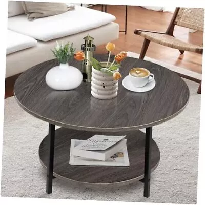 Round Coffee Table Accent Table Sofa Table Tea Table With Storage 2 Grey Oak • $103.48