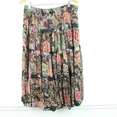FLAWS Vintage 90s Rayon Broomstick Skirt Floral Tiered Boho Y2K M L Midi • $16.80