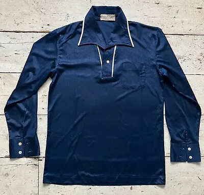  Vintage 1960s/70s Long Sleeve Main-Big Navy Blue Polo Shirt Size L • £22