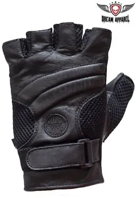 Black Fingerless Genuine Leather Motorcycle Biker Riding Gel In Palm Gloves • $28.07