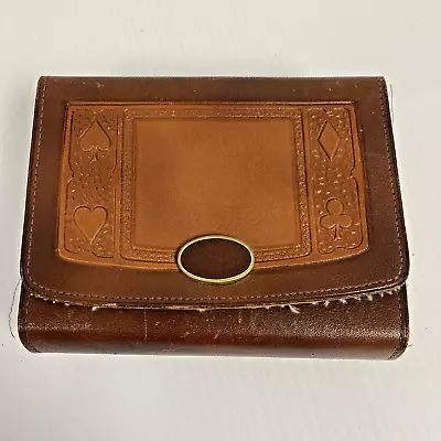 Vintage Tooled Leather Miniature Poker Chip And Card Holder Case F3-36 • $49
