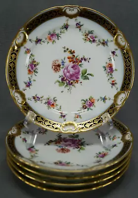 Set Of 5 Royal Vienna Hand Painted Floral Cobalt & Gold 7 7/8 Inch Plates C 1808 • $700