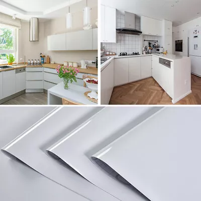 White GLOSS Sticky Back PVC Vinyl Wrap Kitchen Bathroom Cabinet Cover Wallpaper  • £11.95