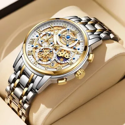 Men's Luxury Chronograph Watch Full Steel Waterproof Skeleton Quartz Wristwatch • $46.99