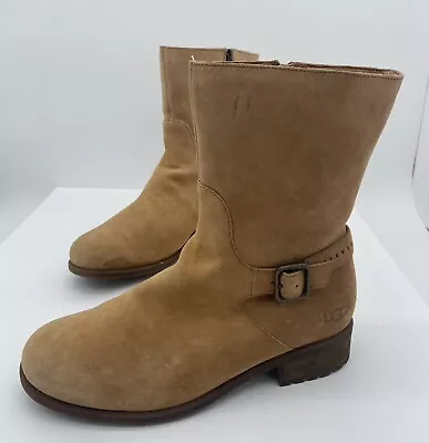 Uggs Australia Keppler Women Boots Chestnut Size 10 Suede Sheepskin Buckle Strap • £86.86