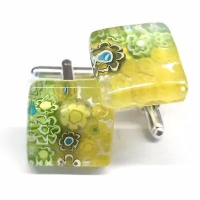 SOMA LINK 'Tropic' New Unique Square Glass & Silver Murano Millefiori Cufflinks • £17.50