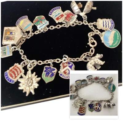 £4.20 • Buy Vintage Jewellery Sterling Silver Charm Bracelet With 14 Charms Enamel Shields