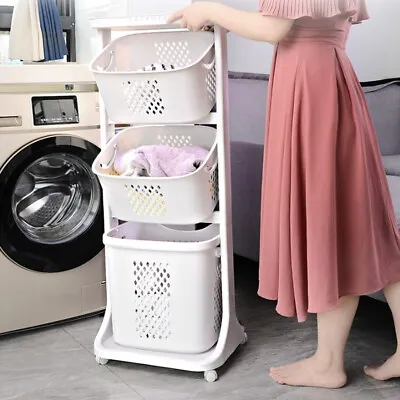 Rolling Laundry Basket Washing Clothes Storage Hamper Plastic Sorting Cart White • £25.95