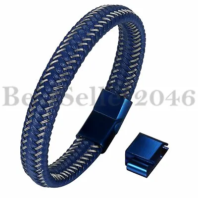 Men Blue Braided Leather Stainless Steel Magnetic Clasp Size Adjustable Bracelet • $11.99