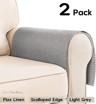 Set Of 2 Sofa Arm Protector Covers Armrest Slipcover Linen Scalloped Edge Lgrey • £19.95