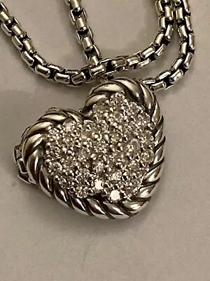 David Yurman 925 Sterling Silver Petite Pave Diamond Heart Pendant Necklace   • $350