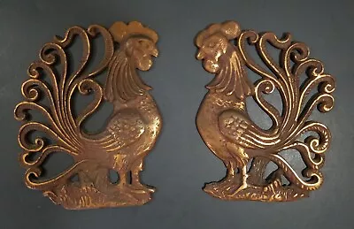 Vintage Cast Iron Rooster Chicken 7  Wall Hanging Brushed Copper Color Set Of 2 • $29.99