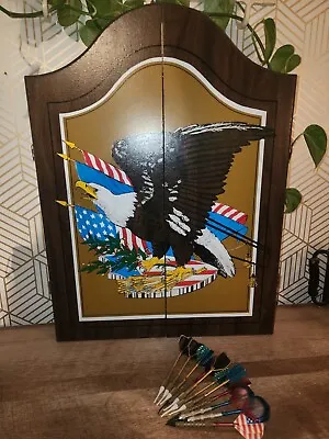 Vintage Dartboard Cabinet American Eagle Shield Arrows Flag USA Made • $100
