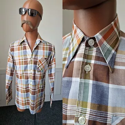 Vintage 70s French Check SHIRT In Mint Condition PolyViscose *S* AT14 • £19