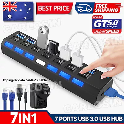 7Port USB 3.0 HUB Powered + SAA AU AC Adapter Cable High Speed Desktop Extender • $14.85