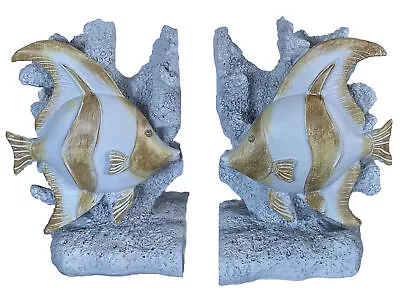 Nautical Sea Coastal Marine Angelfish Fishes Swimming By Corals Bookends Pair • $29