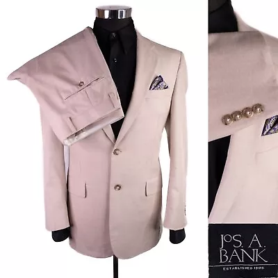 Jos. A. Bank Men 2 Piece Suit Jacket Sz 40R Beige Cotton Wool With Pants 36x32 • $69.75