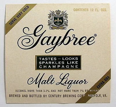 $1.95 • Buy Century Brewery GAYBREE MALT LIQUOR - EXTRA DRY  Label VA 12oz ABW 3.2% - 7%