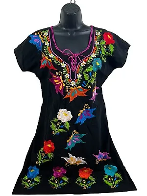 Spanish Mexican Embroidered Fiesta Dress Black With Stunning Floral Design M/S • £28.91