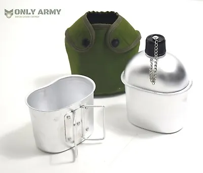 Army / Military Style Metal Water Bottle + Cup + Pouch Set Canteen Bottle Mug • £14.95