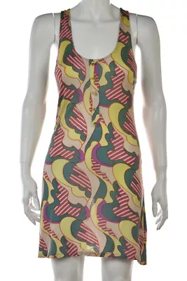 T Bags Womens Dress Size S Beige Green Printed Sheath Sleeveless Short Casual • $19.99