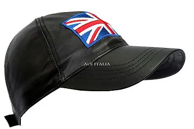 BASEBALL Cap Black Union Jack England Flag Embroided Real Leather HipHop Cap Hat • £19.99