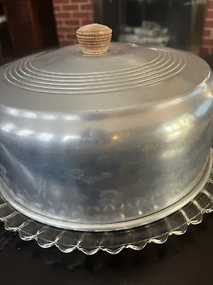 Vintage Footed Glass Cake Plate W/KromexAluminum Dome Cover W/wooden Knob • $33