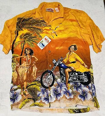 Malibu Dreams Hawaiian Shirt Button Down Mens Med Girl On Motorcycle Hula NWT • $24.99