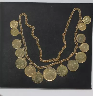 1969 - 1987 Custom Made French Gold Tone Pre Euro 15 Coin 24  Necklace 4OE9 • $15.40