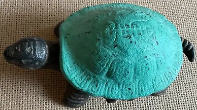 Cast Iron Turtle Trinket Box Vintage Box Hinged Blue Green • $26.50
