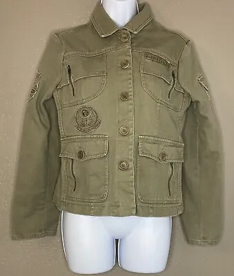 BCBG MAXAZRIA Olive Green Denim Military Style Jacket Women’s Size Medium EUC • $21