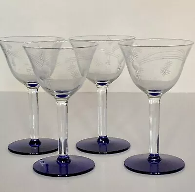 Vintage Clear Cobalt Blue Stem Base Etched Wine Cordial Glasses Set 4 • $20