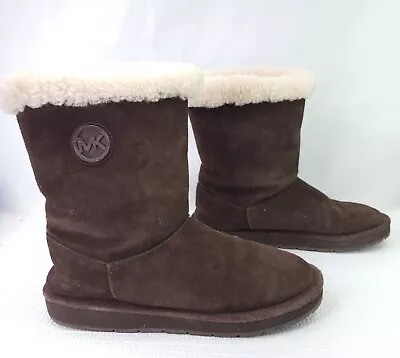 Michael Kors MK Brown Suede Leather Winter Boots Sheep Fur Lined Booties Size 10 • $28.87