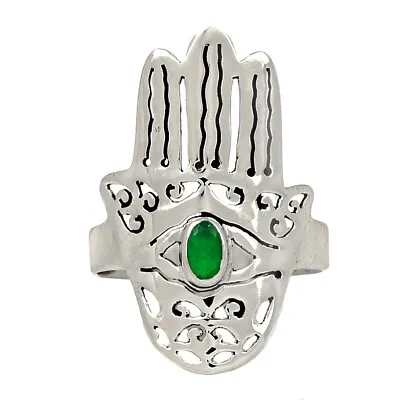 Hamsa Hand - Treated Emerald 925 Sterling Silver Ring Jewelry S.6.5 CR35406 • £9.64