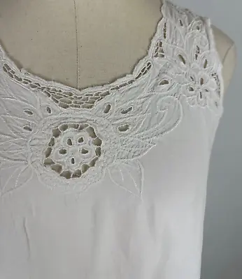 Vintage 90s Romantic White Midi Dress S Rayon Shift Embroidered Cutwork STAINS • $22.99