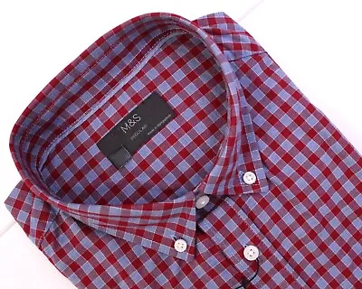 M&S Mens Pure Cotton Short Sleeve Shirt Checked Summer Beach ~ M ~L~ 2XL Red Mix • £8.95