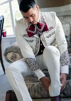 Men's 2Pc Customize Ivory Cotton Black Embroidered Mariachi Suits Wedding Attire • $699.99