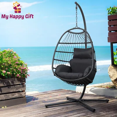 Gardeon Egg Swing Chair With Stand Cushion Outdoor Furniture Hanging Wicker Grey • $291.37