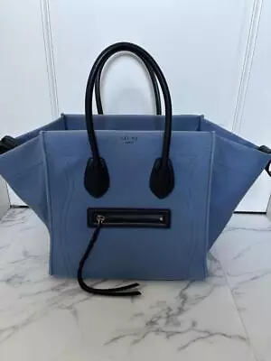 CELINE Luggage Phantom Handbag Top Handle ToteBag Leather Canvas Blue Used JPN • $379.80