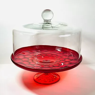 Vintage Viking Glass 11” Amberina Red Honeycomb Georgian Pattern Cake Stand • $129.95