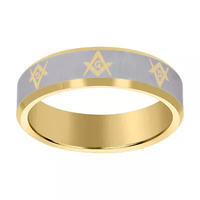 Men's Gold Tungsten Beveled Masonic Comfort Fit 7mm Wedding Band | Size 7 To 14 • $55