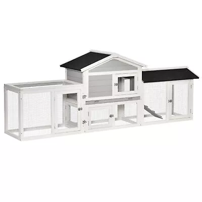 Large Rabbit Hutch With Run Tray Ramp Wooden Guinea Pig House Grey • £173.09