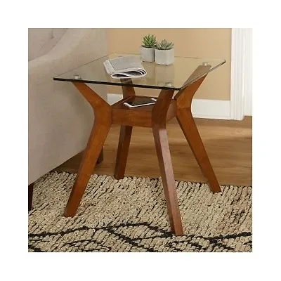 Modern End Table Walnut Finish Glass Top Mid Century Retro Accent Side Furniture • $221