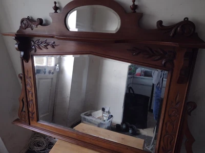 £50 • Buy Vintage Victorian Ornate Large Carved Mahogany Over Mantle Mirror Shelves