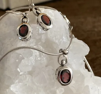 Vintage Sterling Silver 925 Garnet Earrings And Pendant Set 16” Chain 10 Grams • $24.79