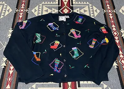 Michael Simon Lite Cardigan Sweater L Black Embroidered Christmas Stockings T56 • $44.95